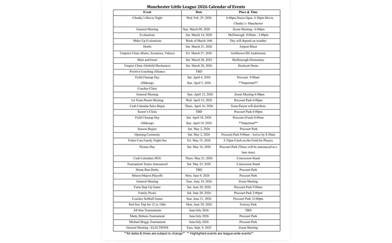 2026 Calendar of Events 